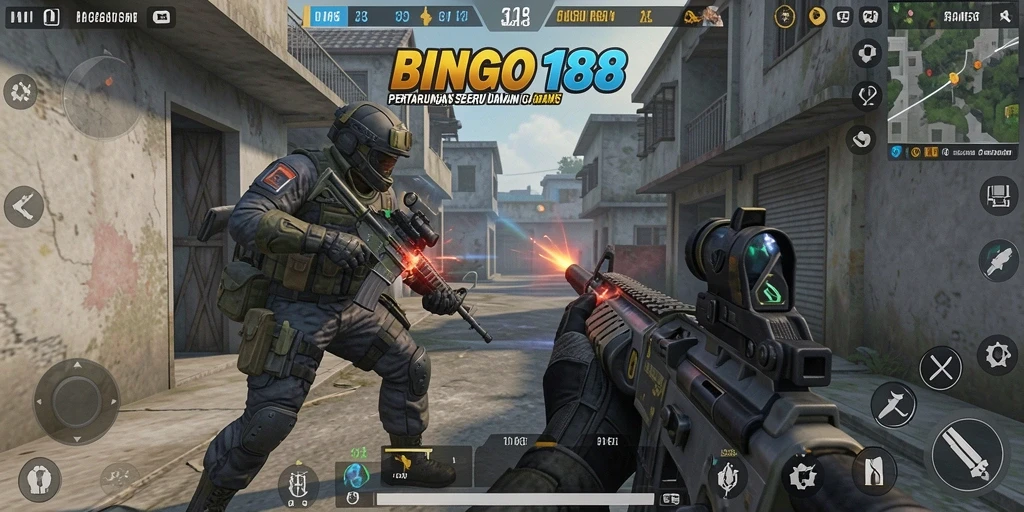 Screenshots gameplay BINGO188 menampilkan aksi pertempuran intens.