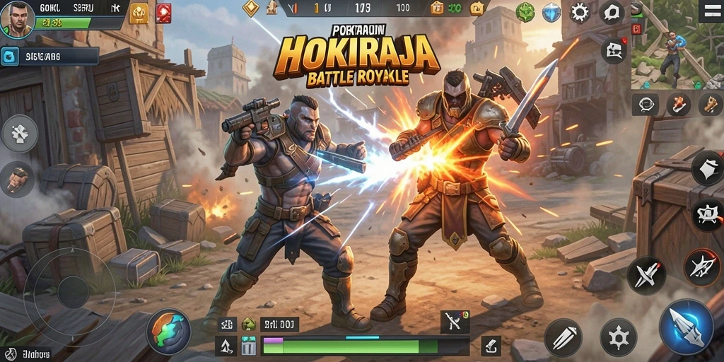 Screenshot gameplay HOKIRAJA menampilkan aksi seru dalam pertarungan Battle Royale.