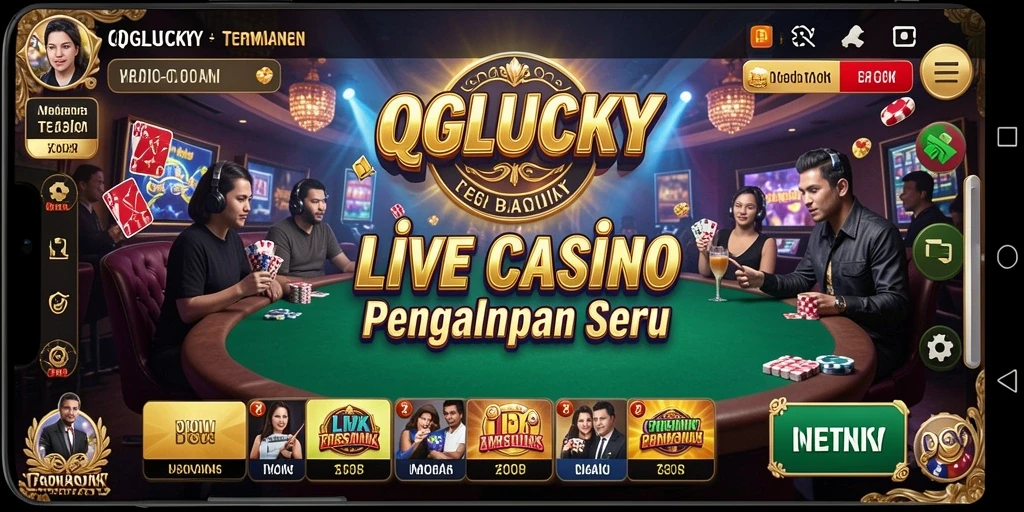 Tampilan gameplay seru QGLUCKY dengan dealer langsung dan interaksi nyata.